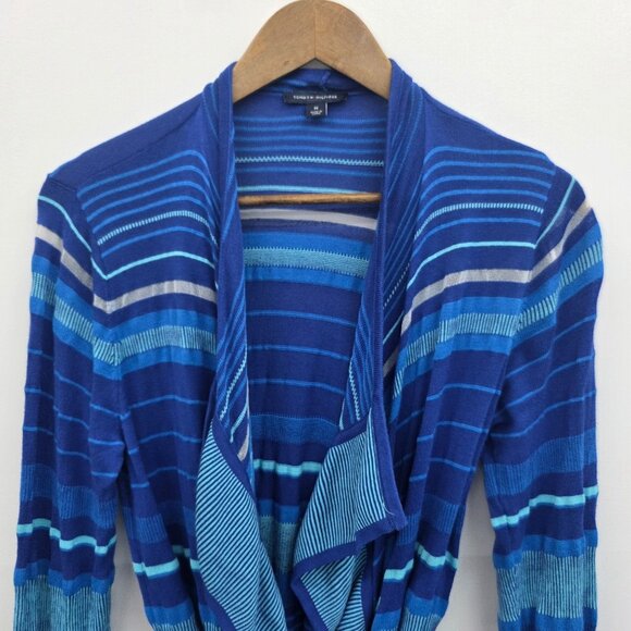 Tommy Hilfiger Womens M Blue Striped Cardigan Sweater Belted Open Front Layering - Picture 11 of 14
